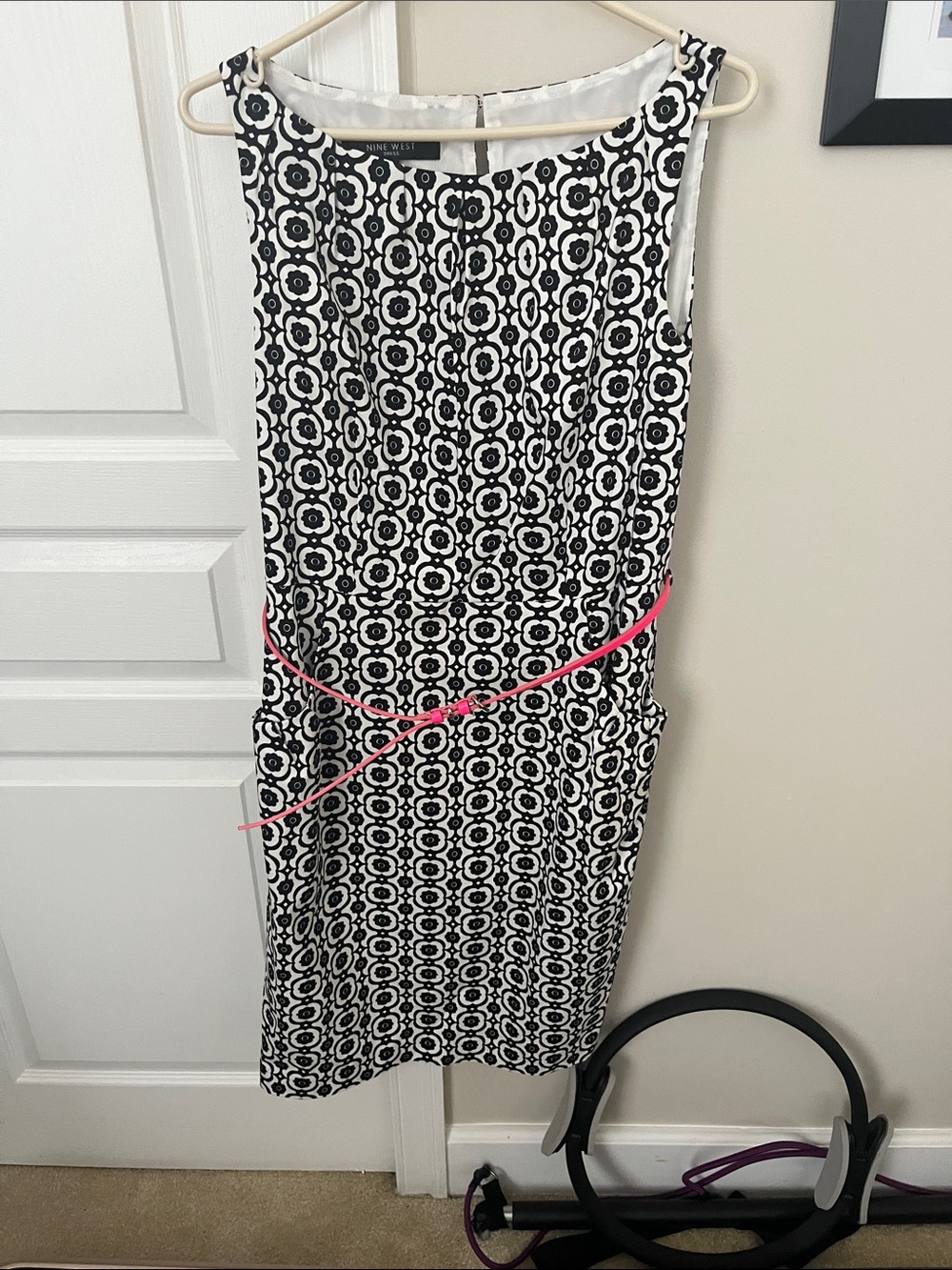 Nine West Black & White Geometric Pencil Skirt with Pink Accent Belt